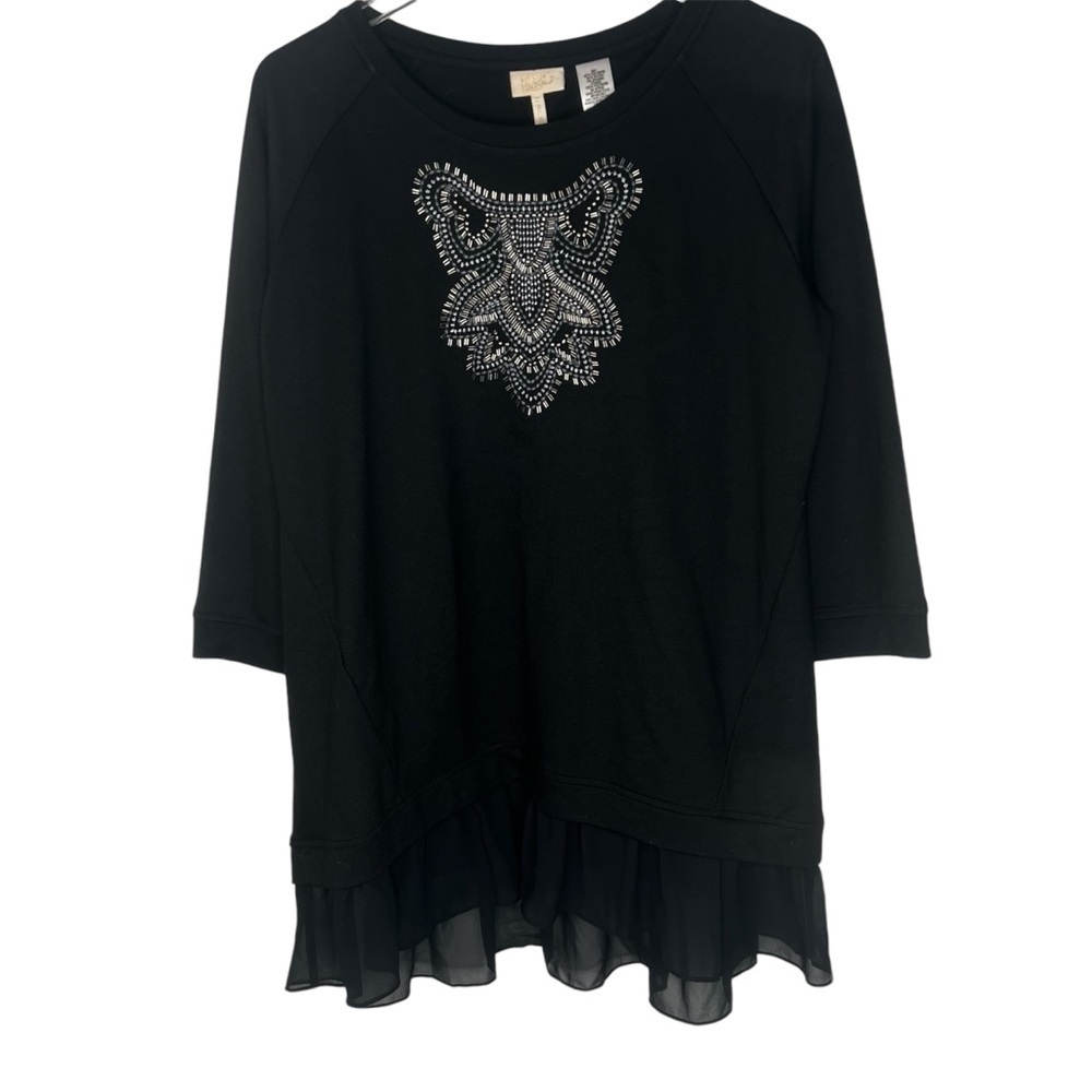 LOGO Lavish Tunic Sweatshirt Black Beaded Embellished  Ruffle Hem 3/4 Sleeves M